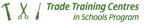 Logo showing hammer scissors and screw driver and the trade training centres in schools program in writing.